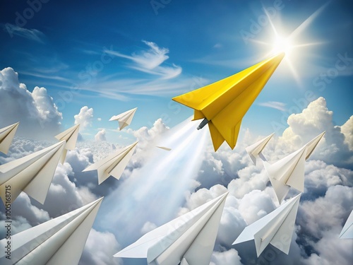 A yellow paper plane outshines white planes, representing leadership and innovation, signaling a bold approach that outperforms the competition with creativity and vision. photo