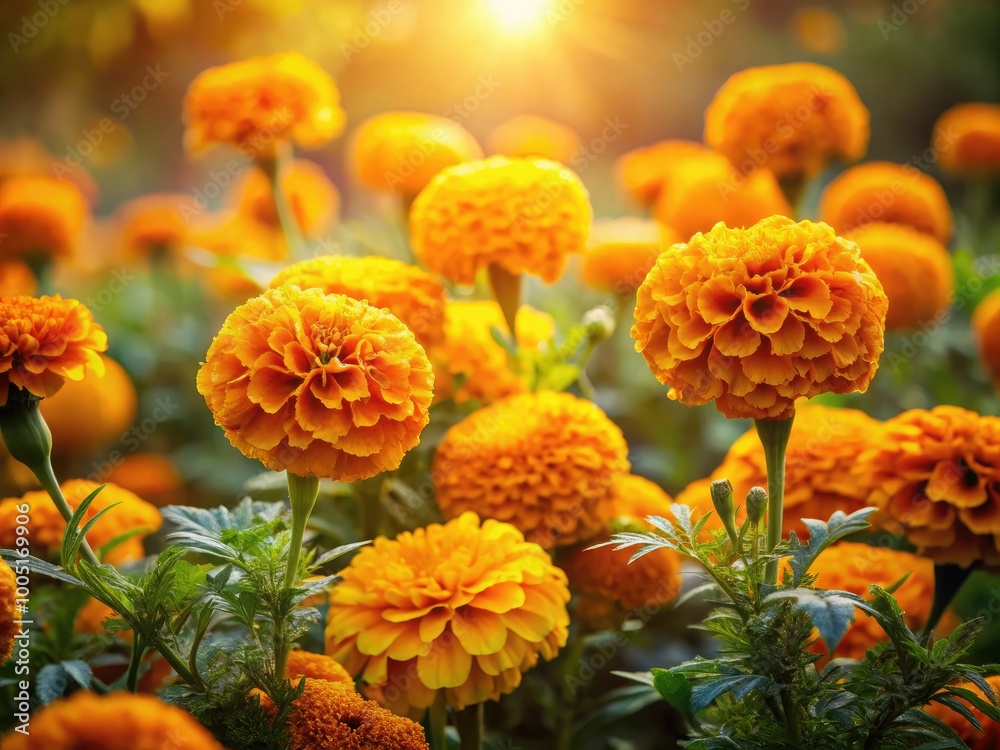 Vibrant marigold flowers, also known as cempazuchitl, bloom brightly in a warm autumnal setting, surrounded by lush greenery and soft, golden light. Vibrant marigold flowers, also known as cempazuchitl, bloom brightly in a warm autumnal setting, surrounded by lush greenery and soft, golden light.