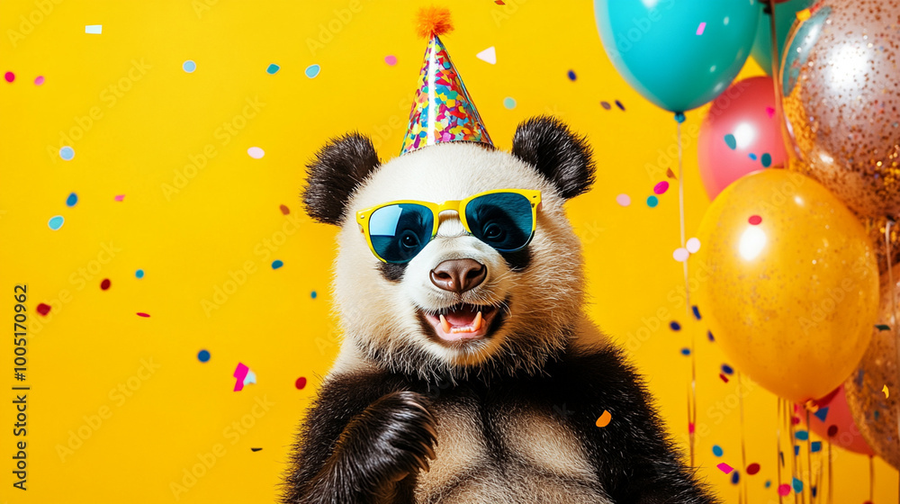 Fototapeta premium Party animal! Colorful photo of funny, happy panda bear on yellow background. Ballons, confetti, happy mood. Birthday celebration banner 