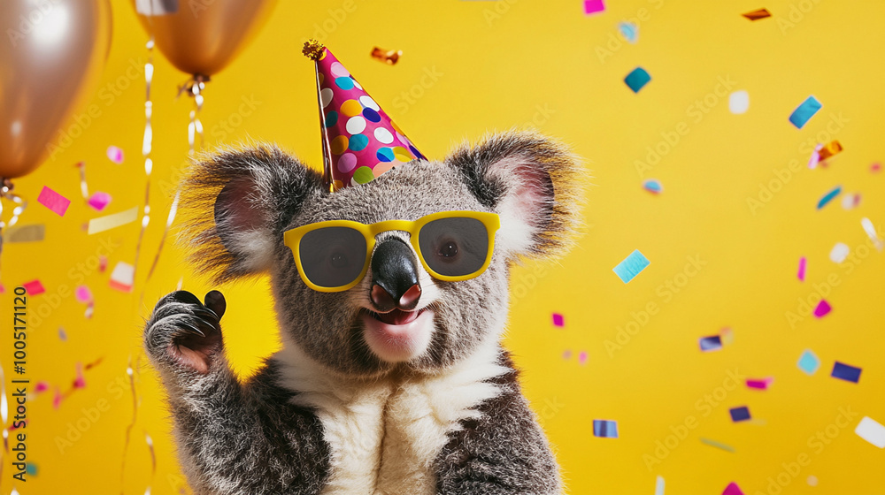 Obraz premium Party animal! Colorful photo of funny, happy koala bear on yellow background. Ballons, confetti, happy mood. Birthday celebration banner 