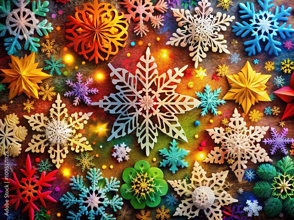 Delight in a festive winter backdrop adorned with intricately crafted paper snowflakes, perfect for celebrating Christmas and welcoming the New Year in style. Delight in a festive winter backdrop adorned with intricately crafted paper snowflakes, perfect for celebrating Christmas and welcoming the New Year in style.
