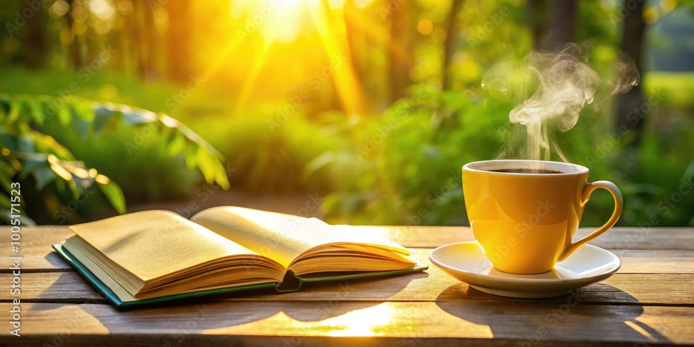 Vibrant morning sunlight illuminates a steaming cup of coffee and a bright yellow journal opened to a fresh, blank page, symbolizing new beginnings. Vibrant morning sunlight illuminates a steaming cup of coffee and a bright yellow journal opened to a fresh, blank page, symbolizing new beginnings.