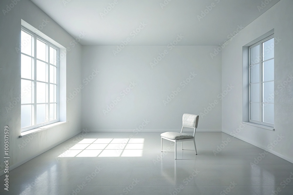 Obraz premium Empty white room with minimal furniture, soft natural light, and a subtle sense of melancholy, evoking feelings of loneliness and contemplation.