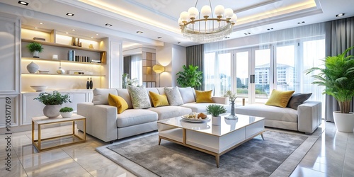 Experience a minimalist luxury living room in white  enhanced by creative decorative elements  perfect for achieving a modern home aesthetic that exudes elegance and comfort.