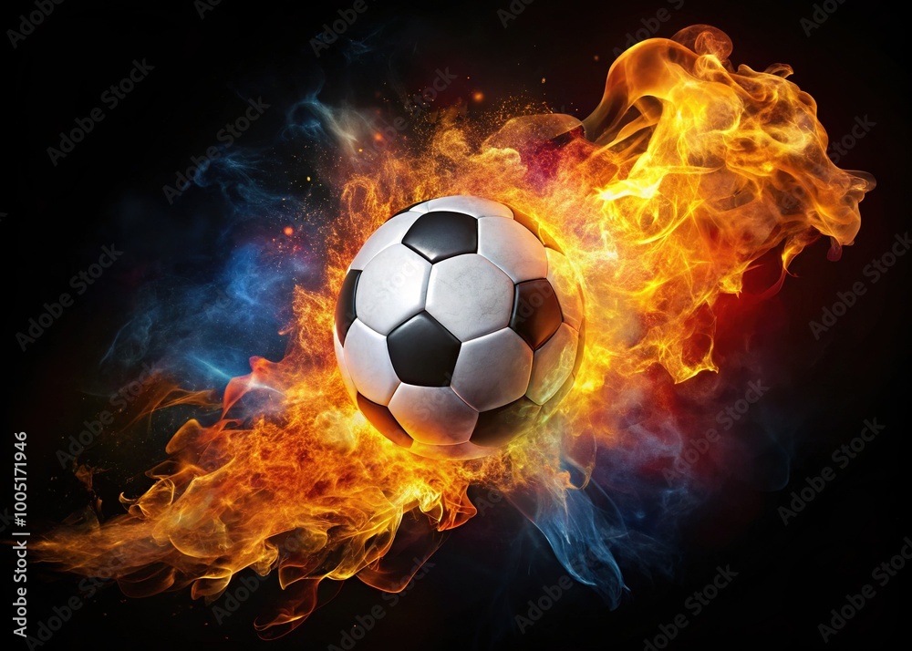 Naklejka premium Fiery Soccer Ball Igniting Passion for the Game in a Dramatic Blaze of Color and Energy