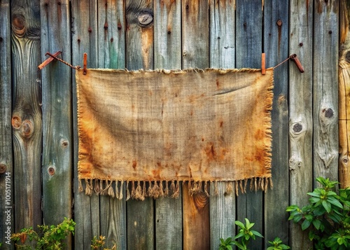 Faded, torn, and worn vintage banner with rusty staples and frayed edges hangs limply from a distressed wooden fence, conveying a sense of nostalgia and neglect. photo