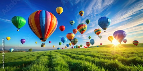 Vibrant multicolored balloons in various shapes and sizes float upwards against a clear blue sky, casting long shadows on a lush green grassy surface. photo