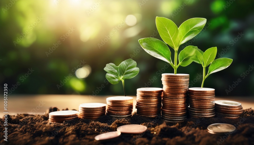 A close-up of coins with small green plants sprouting, symbolizing growth, investment, and the relationship between finance and sustainability. A close-up of coins with small green plants sprouting, symbolizing growth, investment, and the relationship between finance and sustainability.
