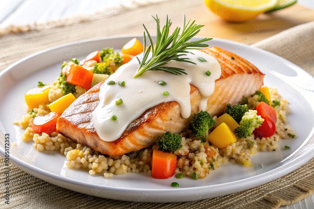 Freshly grilled salmon fillet served with a medley of sautéed vegetables, quinoa, and a dollop of creamy lemon dill sauce on a white plate. Freshly grilled salmon fillet served with a medley of sautéed vegetables, quinoa, and a dollop of creamy lemon dill sauce on a white plate.