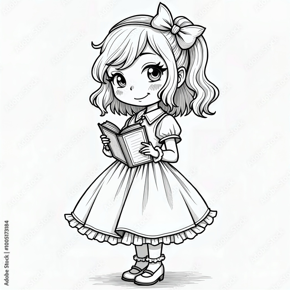 Fototapeta premium Cute Girl Reading Coloring Page