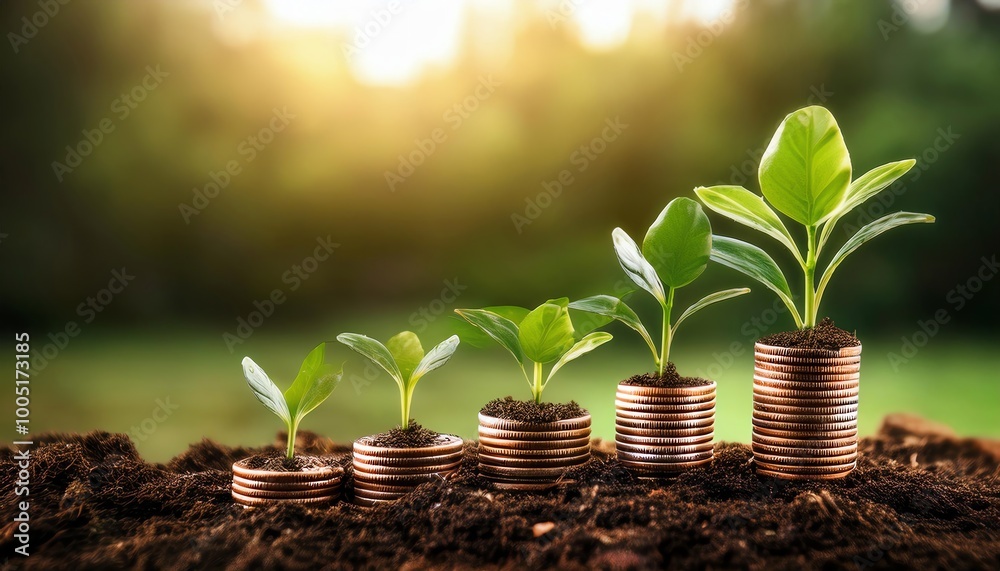 A visually striking image showing small green plants growing on stacks of coins, symbolizing financial growth and sustainability. A visually striking image showing small green plants growing on stacks of coins, symbolizing financial growth and sustainability.