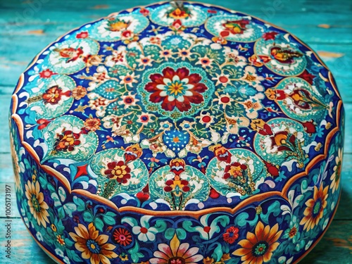 Intricately patterned Ottoman-inspired motifs featuring curved lines, geometric shapes, and floral accents adorn a vibrant turquoise backdrop, evoking ancient Turkish cultural heritage. photo