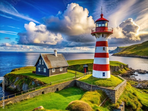 Skansin Lighthouse in Torshavn, Faroe Islands, offers breathtaking coastal views while embodying the area's rich history and maritime heritage. A must-visit landmark. photo