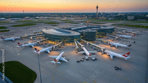 Aerial view of an airport at sunset with planes and terminal buildings.