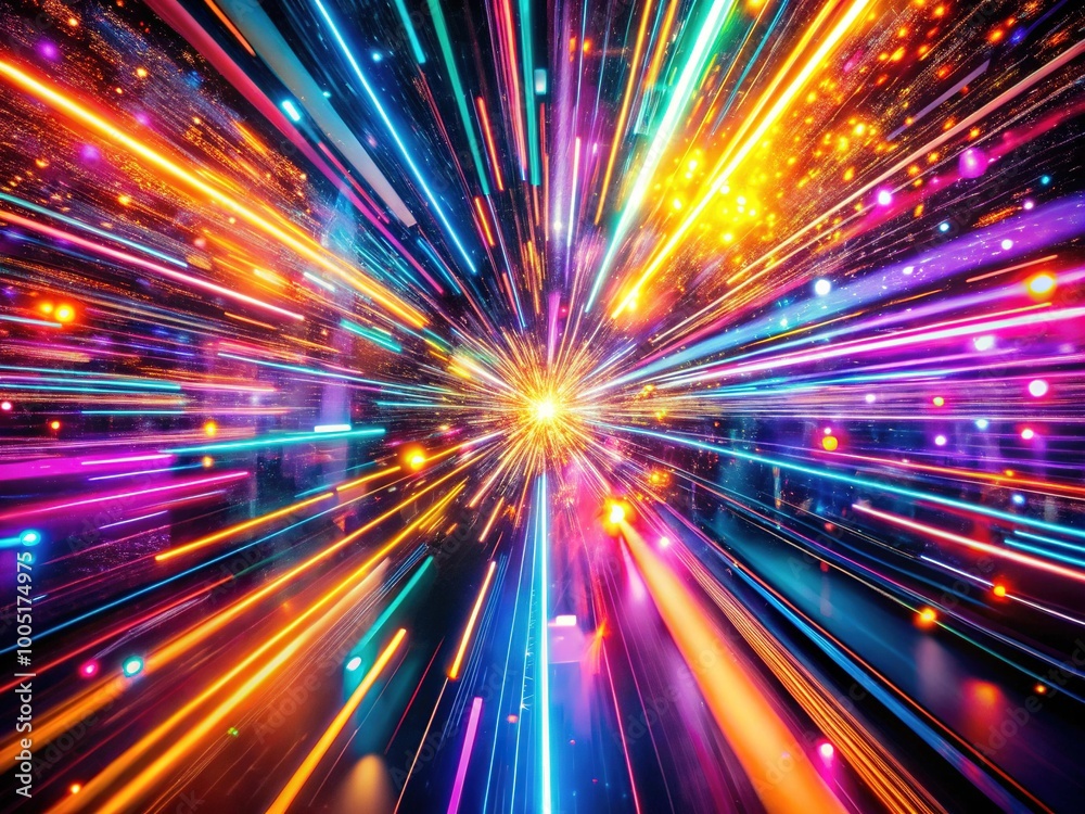 Obraz premium Vibrant neon lights create dynamic motion blur, enhanced by sparkling effects, set against a futuristic decorative background for an exhilarating visual experience.