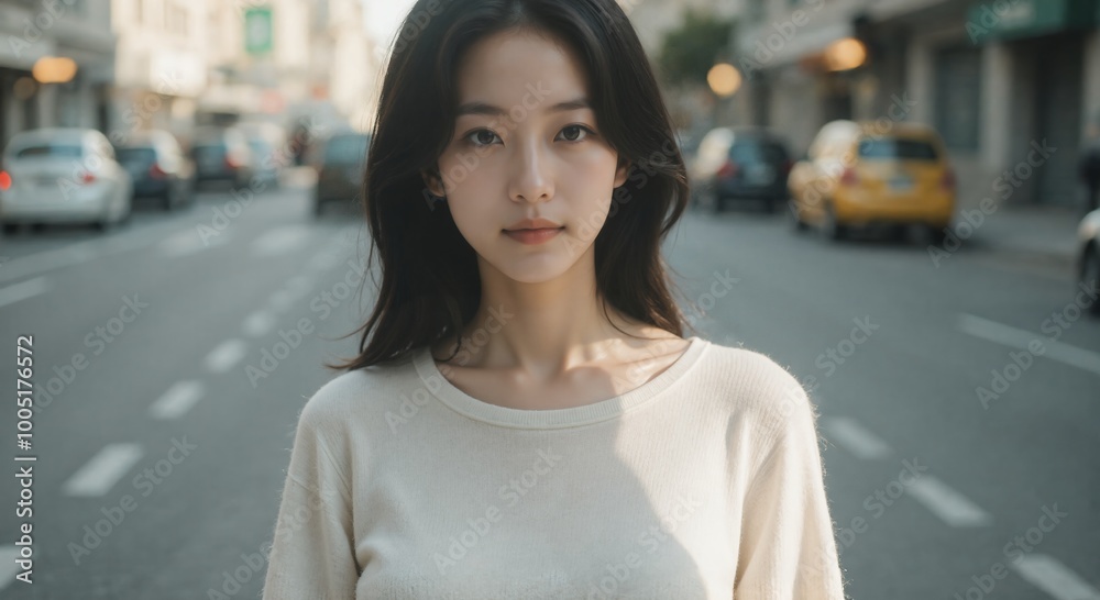 Woman in Cream Top on City Street Woman in Cream Top on City Street