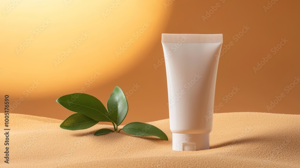Sunscreen tube mockup placed on hot desert sand, with the blazing sun and a green leaf accentuating the natural and protective qualities of the product.