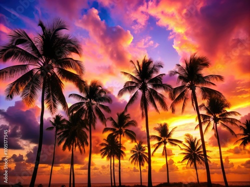 Vibrant orange and pink hues illuminate a serene silhouette of palm trees against a tranquil, cloudy sky, capturing the warmth and beauty of a tropical sunset.