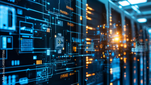 AI-Driven Predictive Maintenance, AI-driven predictive maintenance within a data center concept with an image featuring predictive analytics algorithms monitoring equipment health, AI