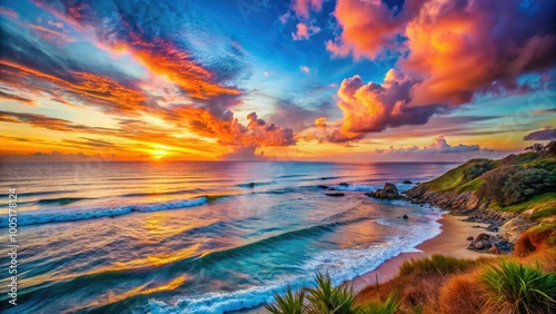 Vibrant orange and pink hues merge with soft blue tones, casting a serene ambiance over a tranquil ocean landscape during a breathtaking coastal sunset. photo