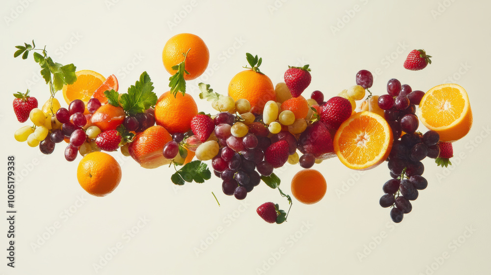 vibrant floating fruit salad featuring oranges, strawberries, and grapes creates refreshing and colorful display. mix of textures and colors evokes sense of joy and healthiness vibrant floating fruit salad featuring oranges, strawberries, and grapes creates refreshing and colorful display. mix of textures and colors evokes sense of joy and healthiness