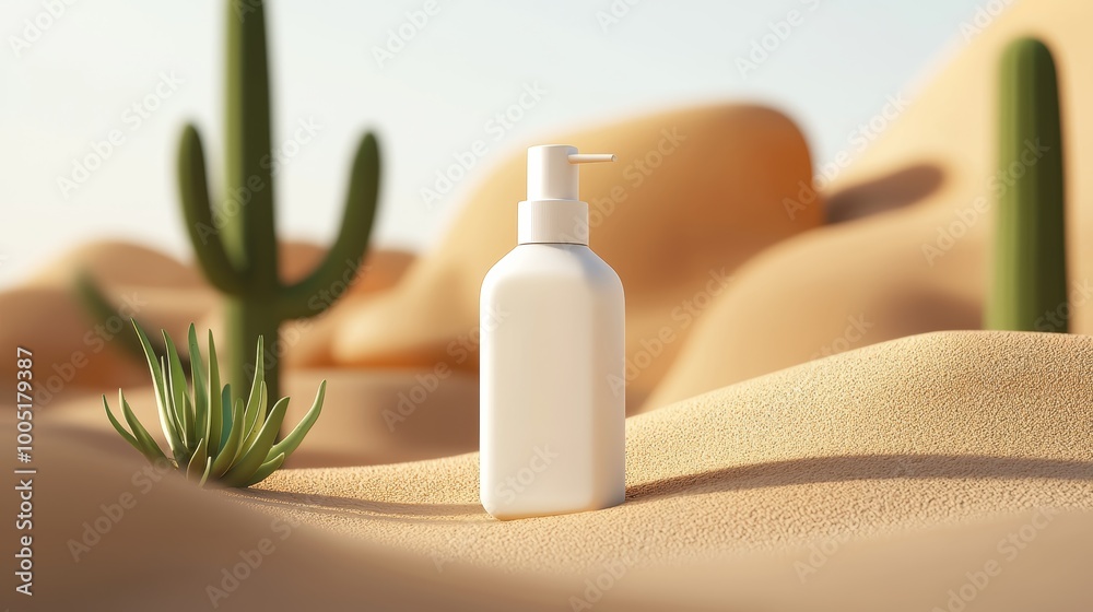 Moisturizer bottle in a desert landscape with cacti, serene and minimalist setting. Moisturizer bottle in a desert landscape with cacti, serene and minimalist setting.