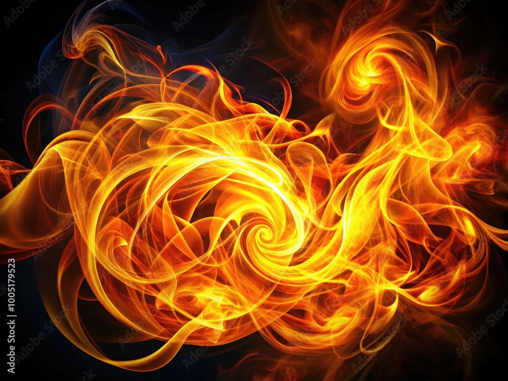 Fototapeta premium Vibrant orange and yellow flames dance across a dark background, curling and twisting in intricate patterns, evoking passion, energy, and creative intensity.