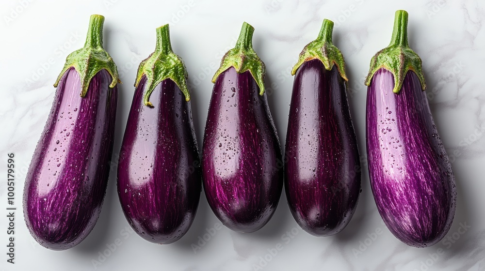 Five fresh eggplants with water droplets on