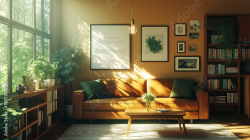 A cozy living room bathed in sunlight. A large window on the left lets in natural light, illuminating the room. A brown leather couch is positioned in the center, adorned with green cushions