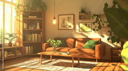 A cozy living room bathed in sunlight. A large window on the left lets in natural light, illuminating the room. A brown leather couch is positioned in the center, adorned with green cushions