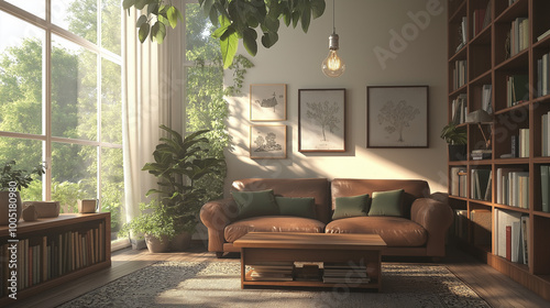 A cozy living room bathed in sunlight. A large window on the left lets in natural light, illuminating the room. A brown leather couch is positioned in the center, adorned with green cushions