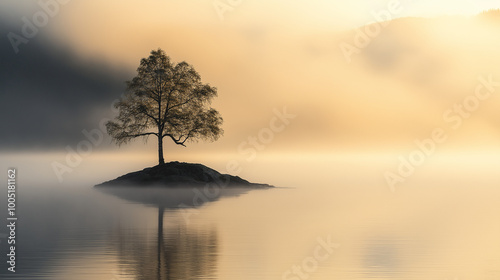 A serene landscape dominated by a solitary tree standing on a small piece of land or island. This tree is surrounded by calm waters, reflecting its silhouette