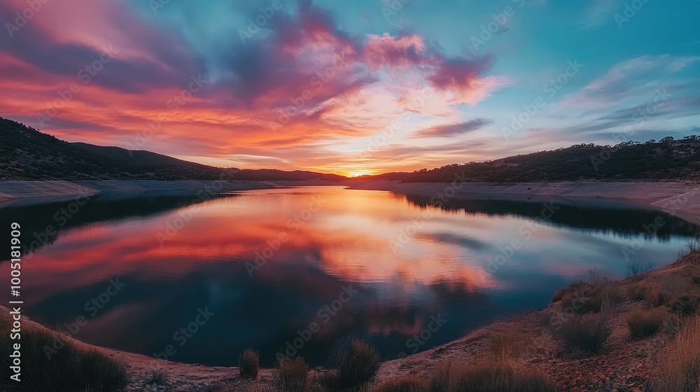 Fototapeta premium Serene Sunset Over Tranquil Lake Landscape