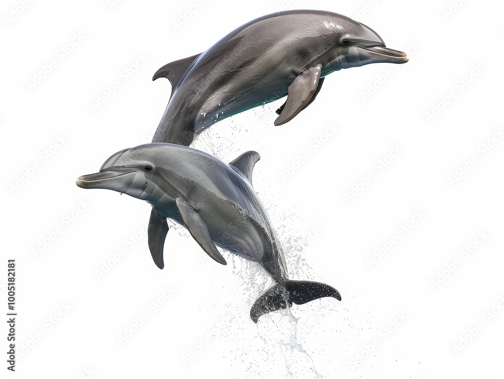 Obraz premium Two playful dolphins leaping out of the water Isolated On White Background