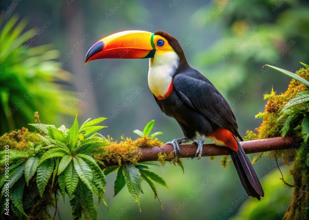 Vibrant orange-beaked toucan perches on a lush green branch amidst exotic rainforest foliage, showcasing its plumage in a stunning display of tropical beauty. Vibrant orange-beaked toucan perches on a lush green branch amidst exotic rainforest foliage, showcasing its plumage in a stunning display of tropical beauty.