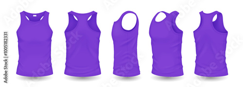 Purple men tank tops with design template realistic vector illustration set. Sports clothes with space for logo 3d models on white background