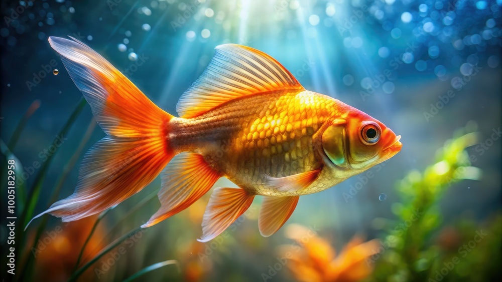 Vibrant orange-golden fish with iridescent scales and flowing fins swimming in a serene, crystal-clear aquarium with subtle water ripples and gentle sunlight filtering through. Vibrant orange-golden fish with iridescent scales and flowing fins swimming in a serene, crystal-clear aquarium with subtle water ripples and gentle sunlight filtering through.