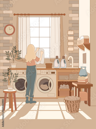  Laundry girl time, beige colors, laundry day scene, daily shores, apartment clean, blonde girl 