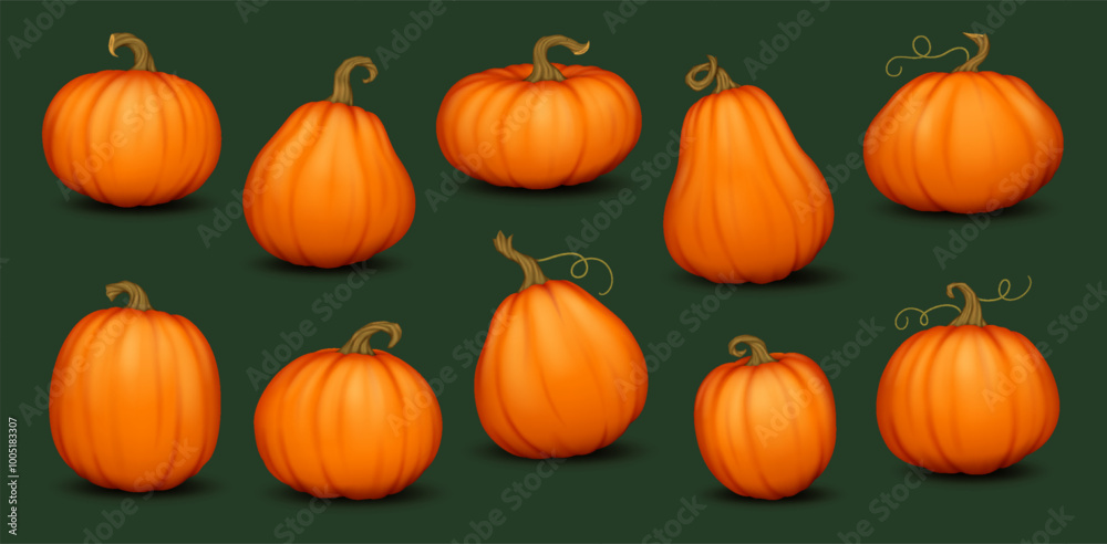 Ripe pumpkins with stems and curly vines realistic color icons set. Autumn farm vegetables harvest 3d objects illustrations collection on black Ripe pumpkins with stems and curly vines realistic color icons set. Autumn farm vegetables harvest 3d objects illustrations collection on black