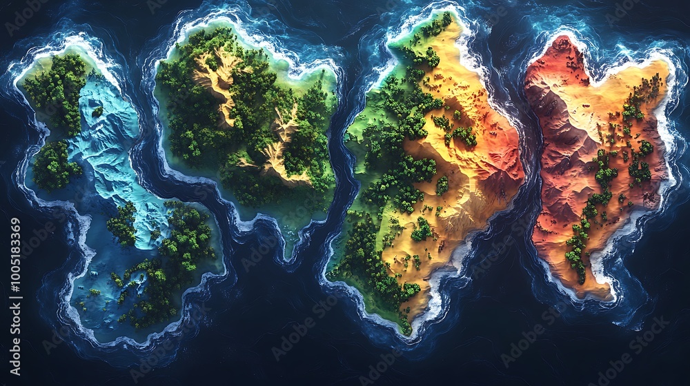 Aerial view of fantasy islands with glowing water, 3D rendering Aerial view of fantasy islands with glowing water, 3D rendering