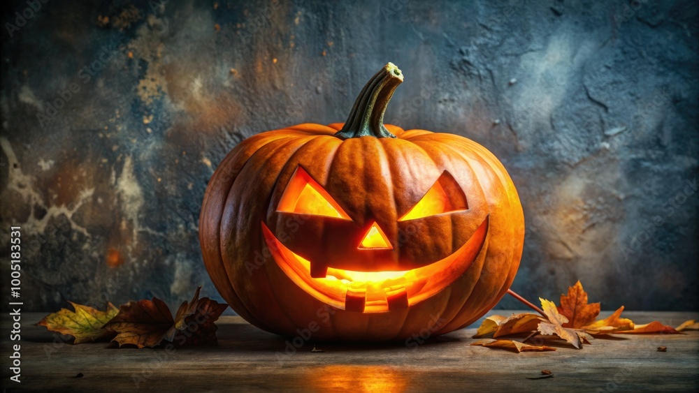 Obraz premium Vibrant orange jack-o'-lantern with intricate facial design, candlelit eyes, and a wide, toothy grin, set against a dark, textured background with subtle autumnal hints.
