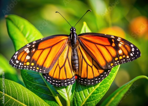 Vibrant orange monarch butterfly with delicate black veins perched on a soft green leaf, its intricate wings fluttering in the warm sunlight.