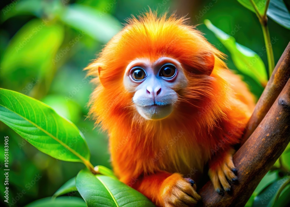 Vibrant orange monkey with bright curious eyes and fluffy fur clings to a tree branch in a lush tropical jungle surrounded by exotic green foliage. Vibrant orange monkey with bright curious eyes and fluffy fur clings to a tree branch in a lush tropical jungle surrounded by exotic green foliage.