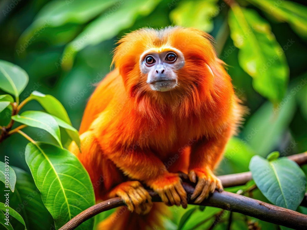 Vibrant orange monkey with bright curious eyes and fluffy fur perches on a branch in a lush green tropical jungle, surrounded by exotic foliage. Vibrant orange monkey with bright curious eyes and fluffy fur perches on a branch in a lush green tropical jungle, surrounded by exotic foliage.