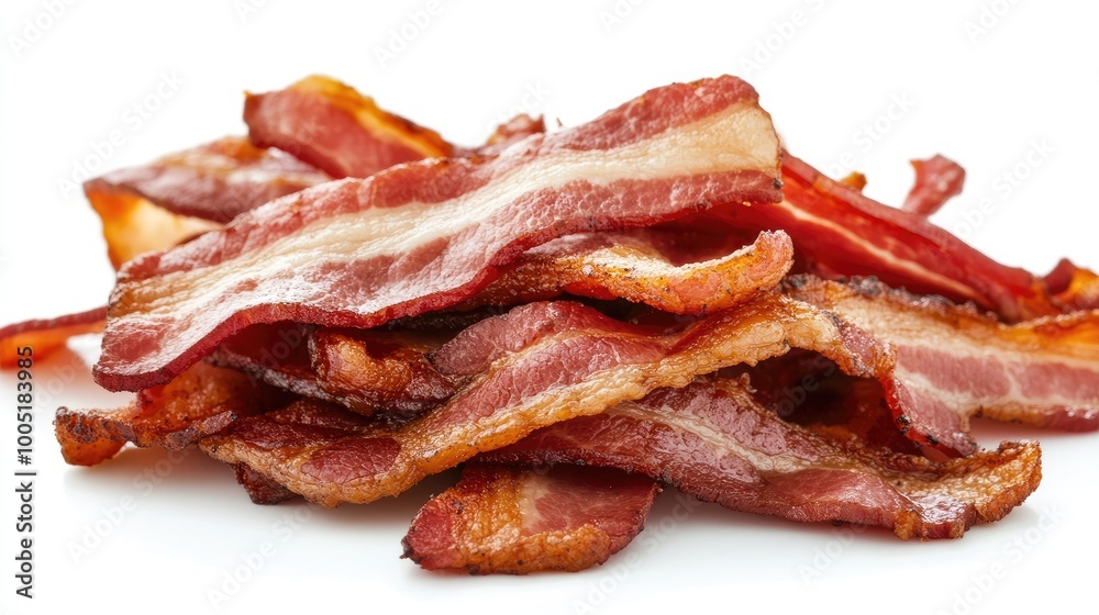 Crispy Bacon Strips Piled Up on White Background Crispy Bacon Strips Piled Up on White Background
