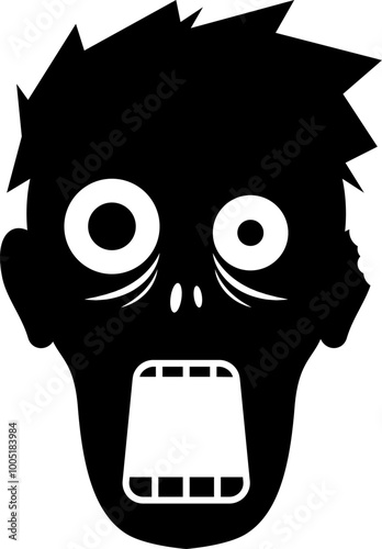 The black and white silhouette of a terrifying zombie face with wide eyes and open mouth conveys horror and surprise.