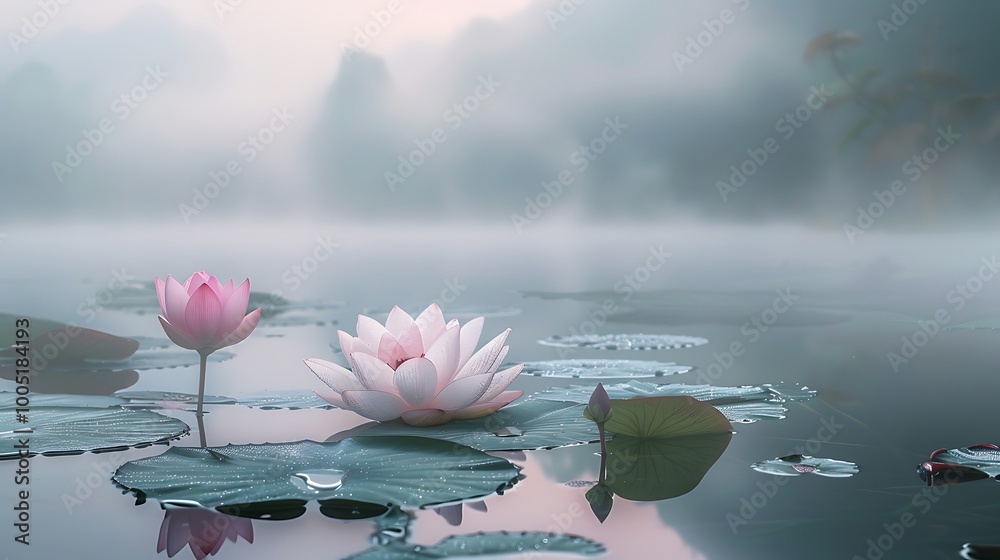 Delicate pink lotus flowers gracefully bloom in a serene lake, surrounded by a misty morning, creating an atmosphere of tranquility and peace.