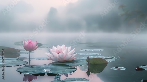 Obraz na płótnie Delicate pink lotus flowers gracefully bloom in a serene lake, surrounded by a misty morning, creating an atmosphere of tranquility and peace. w salonie