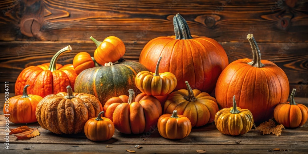 Vibrant orange pumpkins of various sizes and shapes scattered across a rustic wooden table, creating a warm and cozy autumnal background with natural lighting.