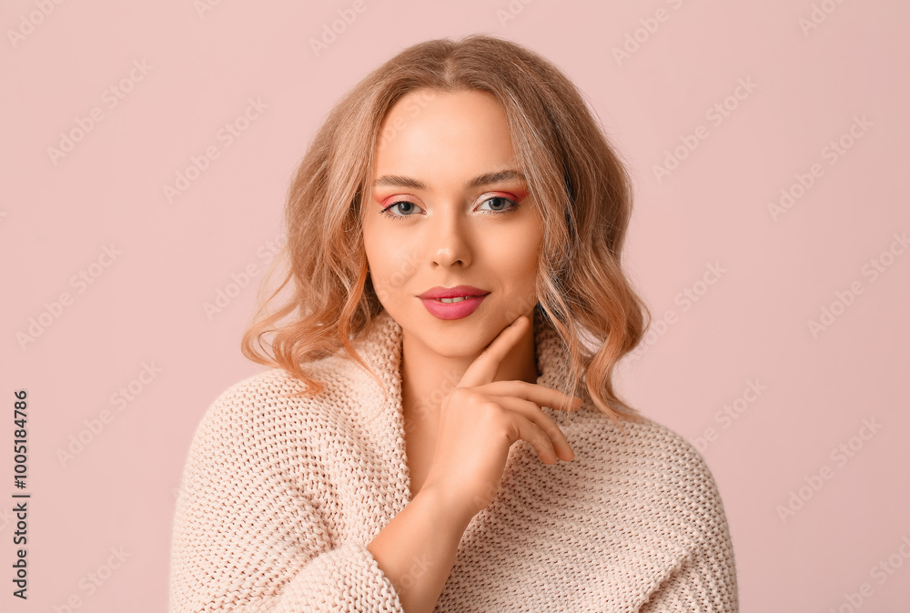 Woman with beautiful makeup on color background Woman with beautiful makeup on color background